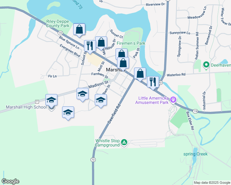 map of restaurants, bars, coffee shops, grocery stores, and more near 119 Porter Street in Marshall