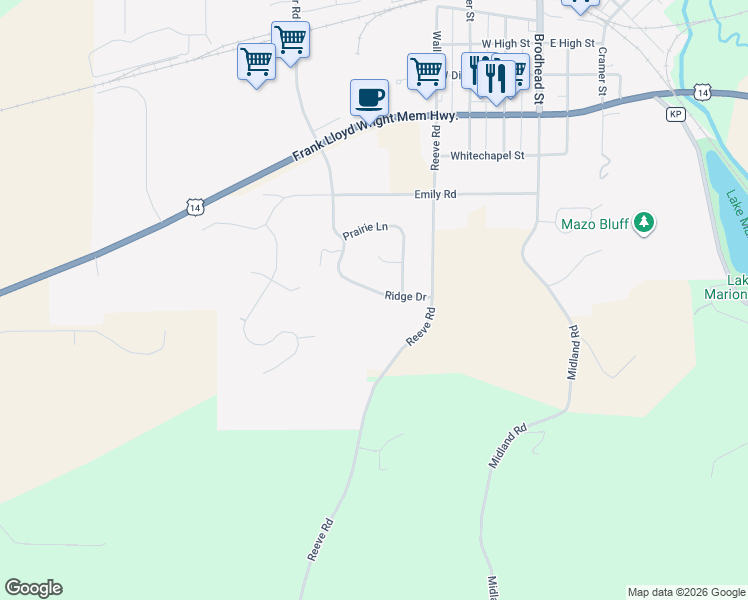 map of restaurants, bars, coffee shops, grocery stores, and more near 505 Ridge Drive in Mazomanie