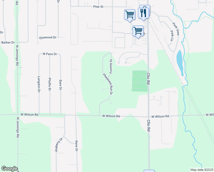 map of restaurants, bars, coffee shops, grocery stores, and more near 11189 Pheasant Run Drive in Clio
