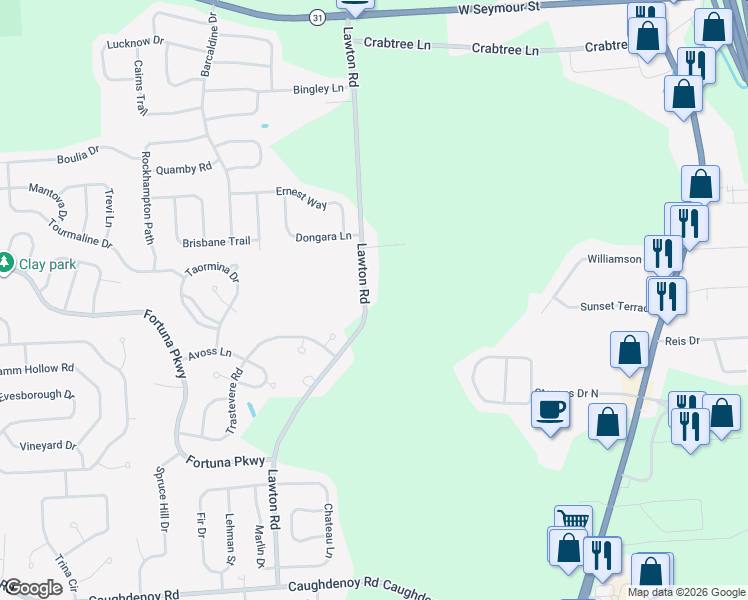 map of restaurants, bars, coffee shops, grocery stores, and more near 8168 Lawton Road in Clay