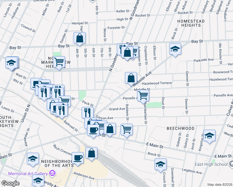 map of restaurants, bars, coffee shops, grocery stores, and more near 133 Webster Avenue in Rochester
