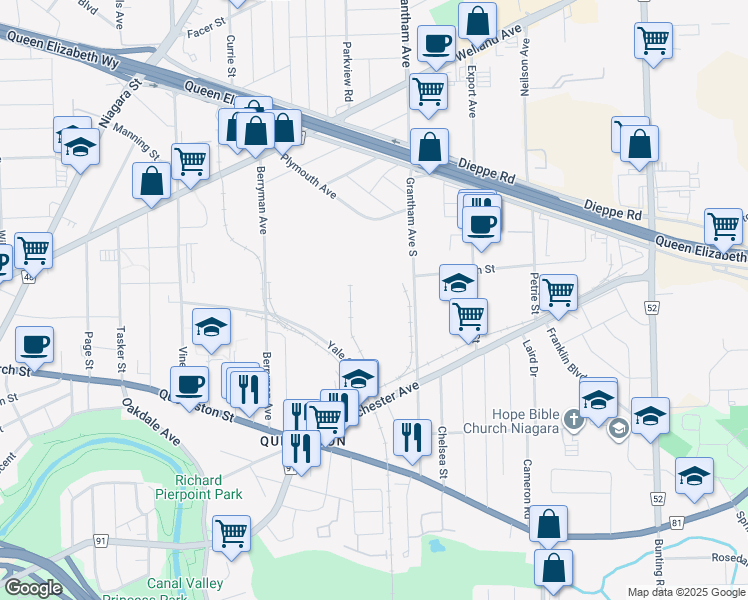 map of restaurants, bars, coffee shops, grocery stores, and more near 87 Grantham Avenue South in Saint Catharines