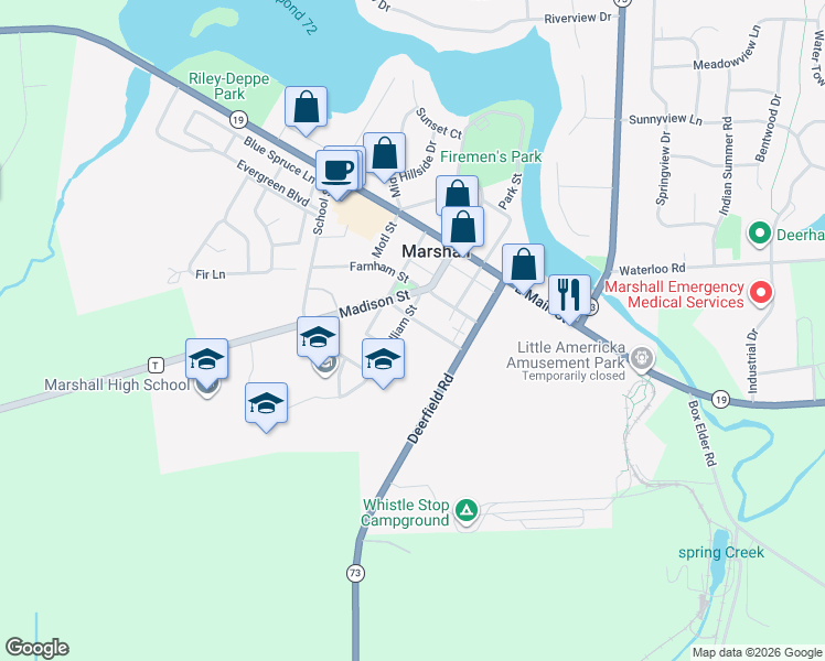 map of restaurants, bars, coffee shops, grocery stores, and more near 123 Porter Street in Marshall