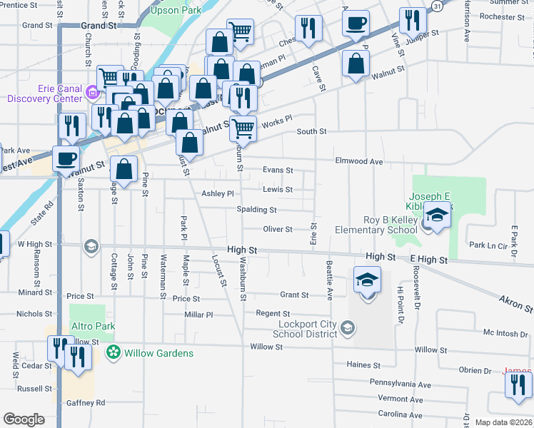 map of restaurants, bars, coffee shops, grocery stores, and more near 107 Spalding Street in Lockport