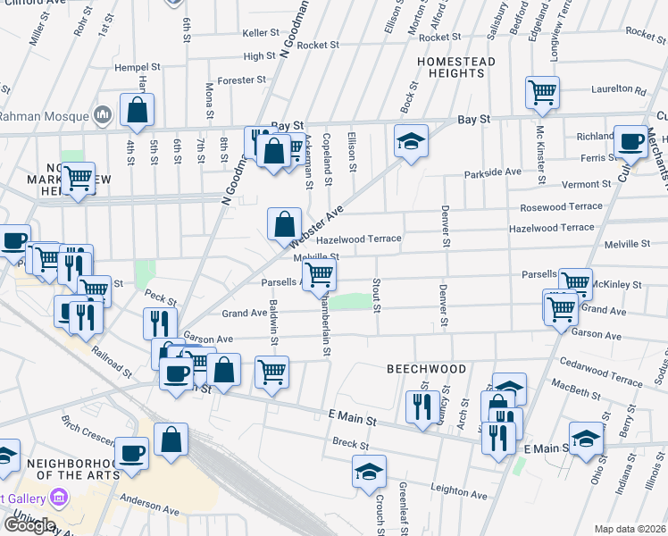 map of restaurants, bars, coffee shops, grocery stores, and more near 131 Parsells Avenue in Rochester