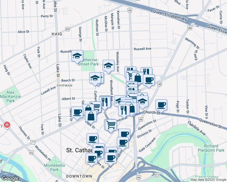 map of restaurants, bars, coffee shops, grocery stores, and more near 22 Woodland Avenue in St. Catharines