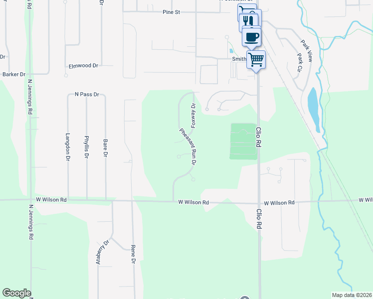 map of restaurants, bars, coffee shops, grocery stores, and more near 11189 Pheasant Run Drive in Clio