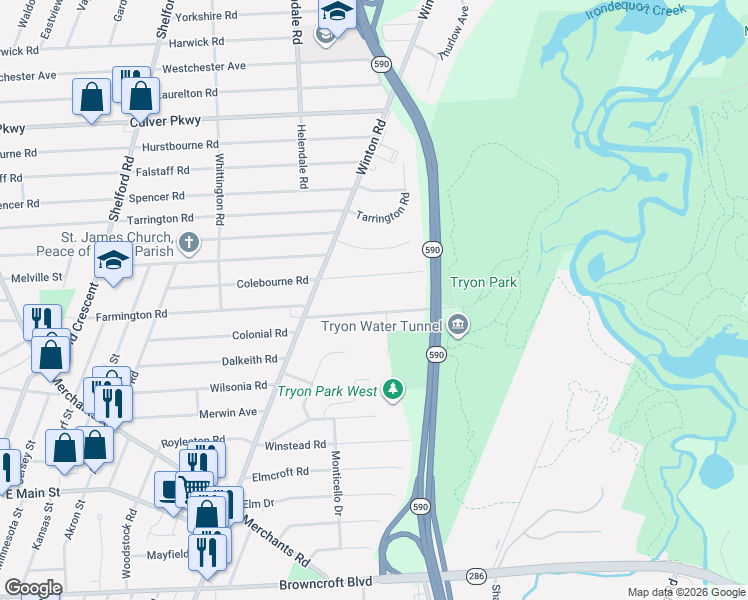map of restaurants, bars, coffee shops, grocery stores, and more near 117 Tryon Park in Rochester