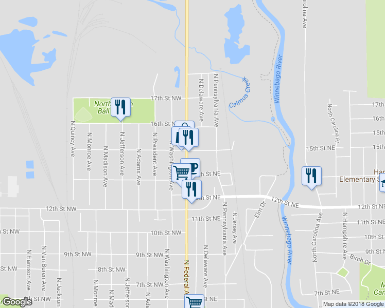 map of restaurants, bars, coffee shops, grocery stores, and more near 7 15th Street Northeast in Mason City