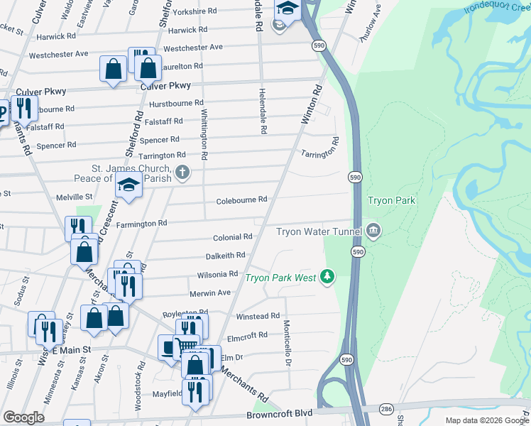 map of restaurants, bars, coffee shops, grocery stores, and more near 5 Tryon Park in Rochester