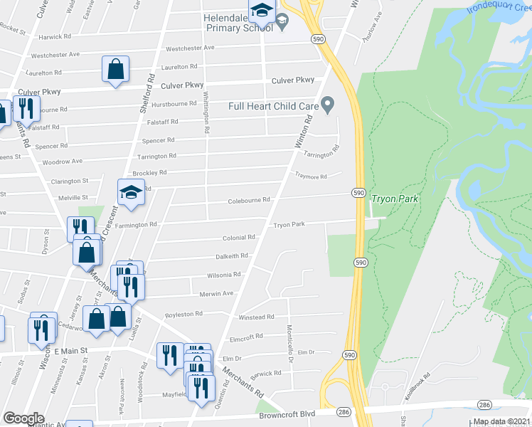 map of restaurants, bars, coffee shops, grocery stores, and more near 5 Tryon Park in Rochester