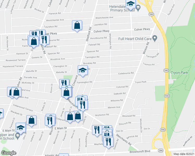 map of restaurants, bars, coffee shops, grocery stores, and more near 195 Farmington Road in Rochester