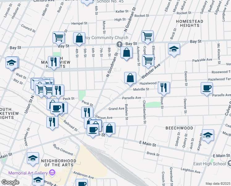 map of restaurants, bars, coffee shops, grocery stores, and more near 133 Webster Avenue in Rochester