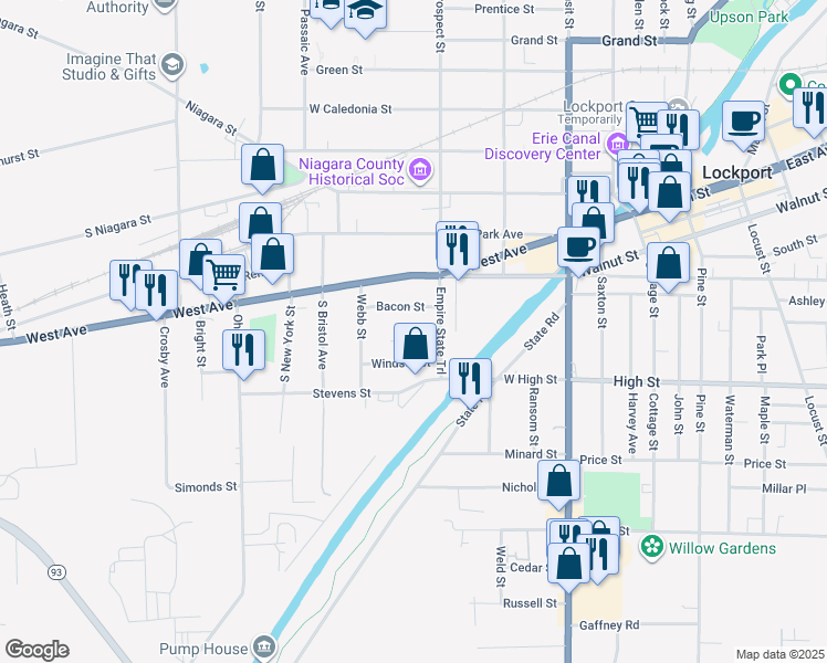 map of restaurants, bars, coffee shops, grocery stores, and more near 32 Sunnyside Street in Lockport