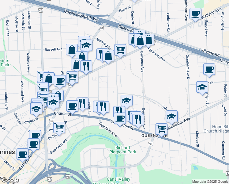 map of restaurants, bars, coffee shops, grocery stores, and more near 55 Vine Street South in St. Catharines