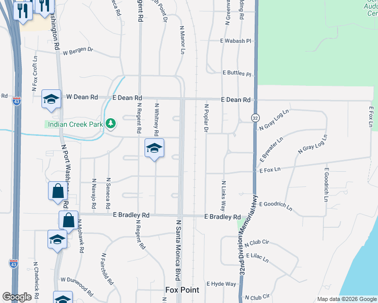 map of restaurants, bars, coffee shops, grocery stores, and more near 8124 North Santa Monica Boulevard in Fox Point