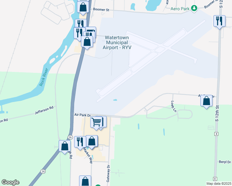 map of restaurants, bars, coffee shops, grocery stores, and more near 108 Air Park Drive in Watertown