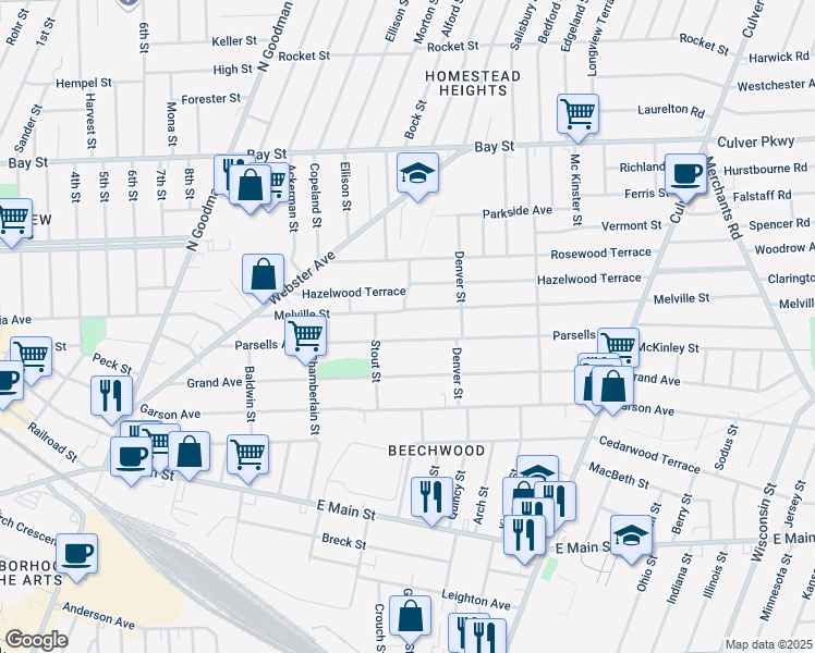map of restaurants, bars, coffee shops, grocery stores, and more near 285 Parsells Avenue in Rochester