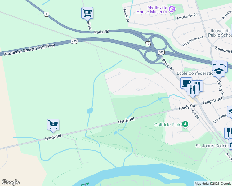 map of restaurants, bars, coffee shops, grocery stores, and more near 119 Saint Andrews Drive in Brantford