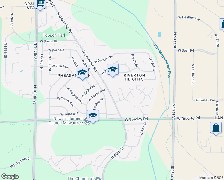 map of restaurants, bars, coffee shops, grocery stores, and more near 8030 North 94th Street in Milwaukee