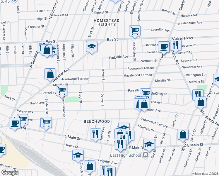map of restaurants, bars, coffee shops, grocery stores, and more near 393 Parsells Avenue in Rochester