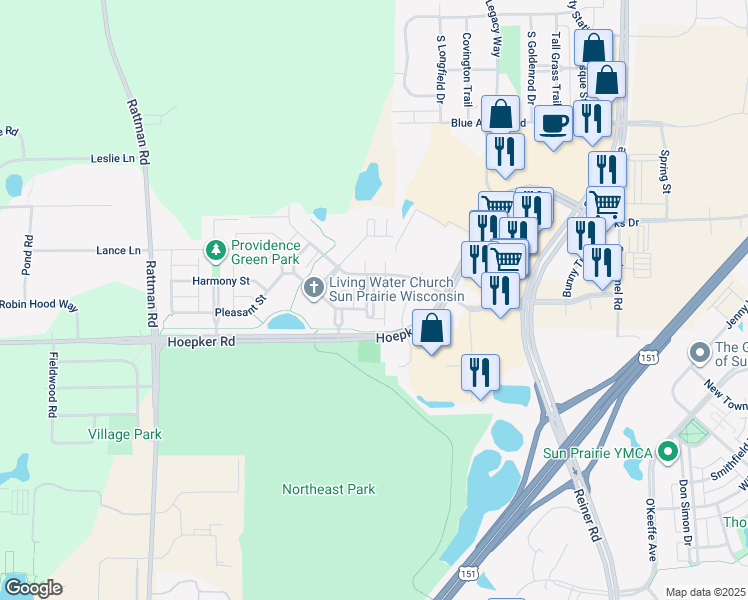 map of restaurants, bars, coffee shops, grocery stores, and more near 1227 Prospect Common in Sun Prairie
