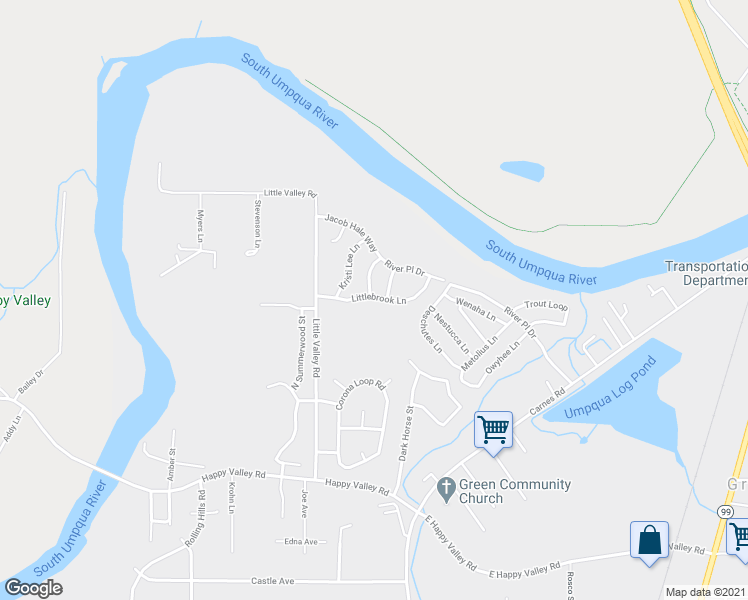 map of restaurants, bars, coffee shops, grocery stores, and more near 235 Littlebrook Lane in Roseburg