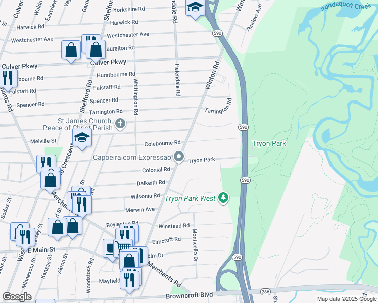 map of restaurants, bars, coffee shops, grocery stores, and more near 5 Tryon Park in Rochester