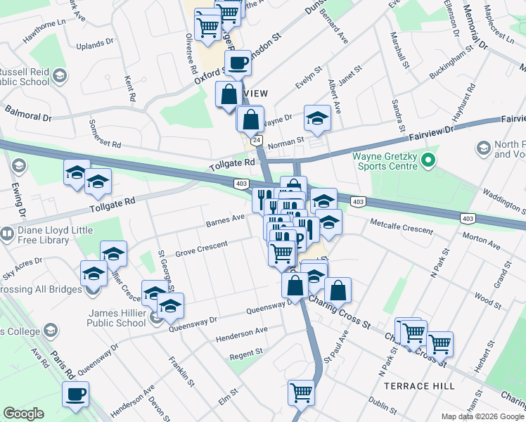 map of restaurants, bars, coffee shops, grocery stores, and more near 56 Barnes Avenue in Brantford