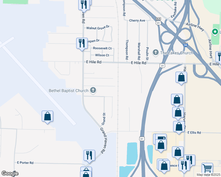map of restaurants, bars, coffee shops, grocery stores, and more near 1161 Bellway Avenue in Norton Shores