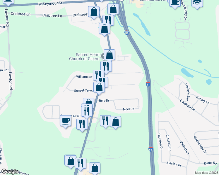 map of restaurants, bars, coffee shops, grocery stores, and more near 8150 Brewerton Road in Cicero
