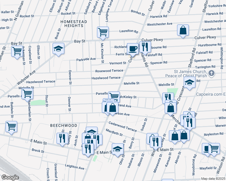 map of restaurants, bars, coffee shops, grocery stores, and more near 1103 Culver Road in Rochester