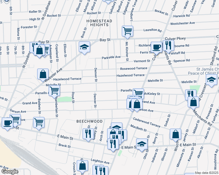 map of restaurants, bars, coffee shops, grocery stores, and more near 393 Parsells Avenue in Rochester