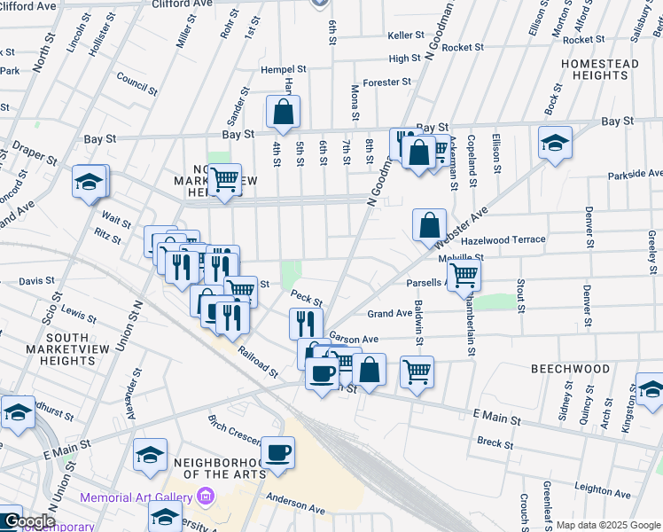 map of restaurants, bars, coffee shops, grocery stores, and more near 628 Goodman Street North in Rochester