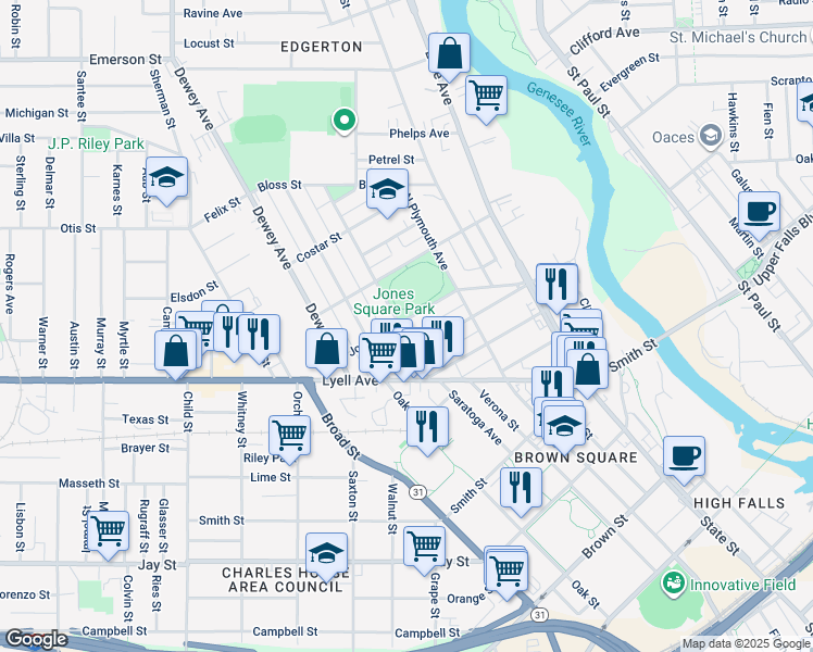 map of restaurants, bars, coffee shops, grocery stores, and more near 119 Ambrose Street in Rochester