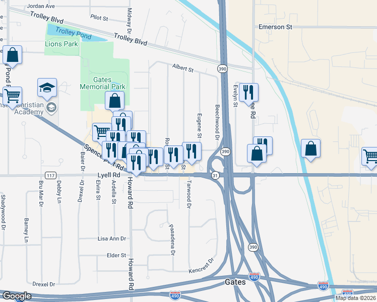 map of restaurants, bars, coffee shops, grocery stores, and more near 280 Matilda Street in Rochester