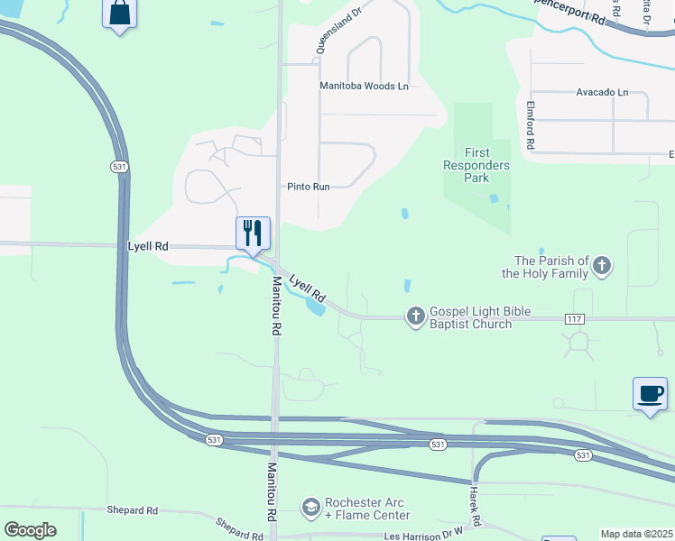 map of restaurants, bars, coffee shops, grocery stores, and more near 4546 Lyell Road in Rochester