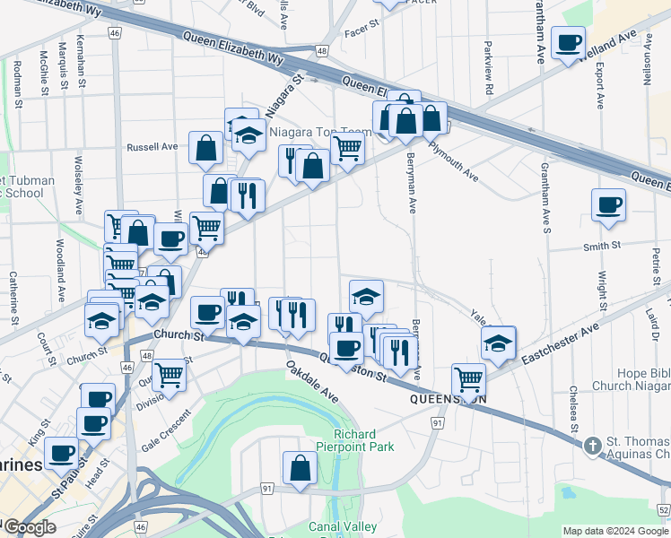 map of restaurants, bars, coffee shops, grocery stores, and more near 55 Vine Street South in St. Catharines