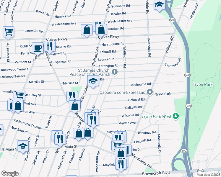 map of restaurants, bars, coffee shops, grocery stores, and more near 195 Farmington Road in Rochester