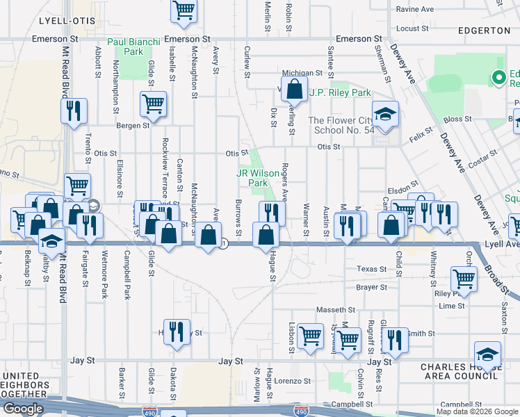 map of restaurants, bars, coffee shops, grocery stores, and more near 35 Rutter Street in Rochester