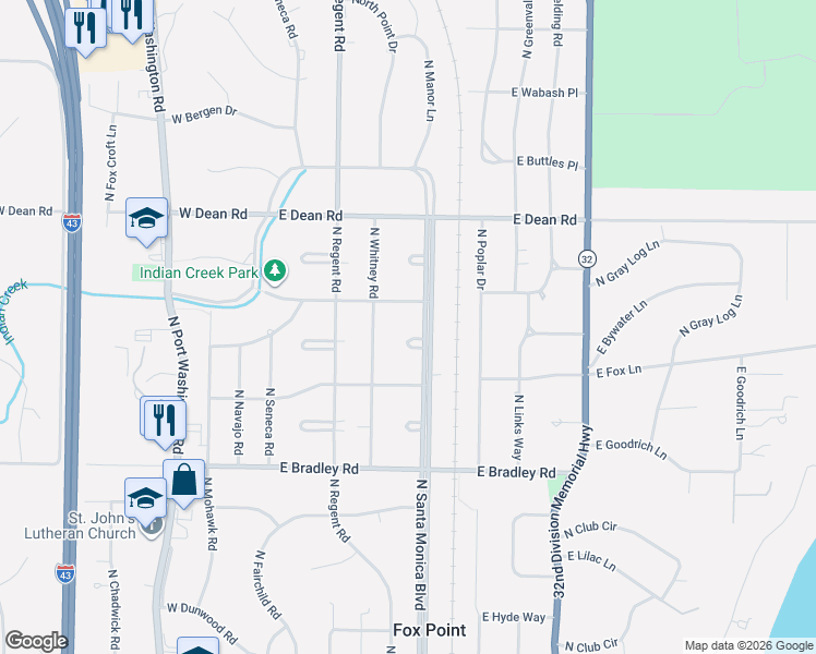 map of restaurants, bars, coffee shops, grocery stores, and more near 8133 North Santa Monica Boulevard in Fox Point