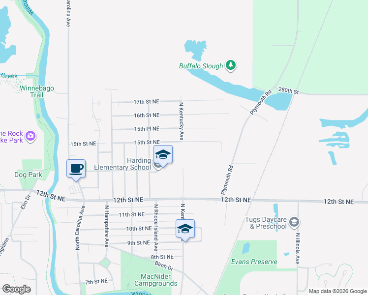 map of restaurants, bars, coffee shops, grocery stores, and more near 957 14th Pl NE in Mason City