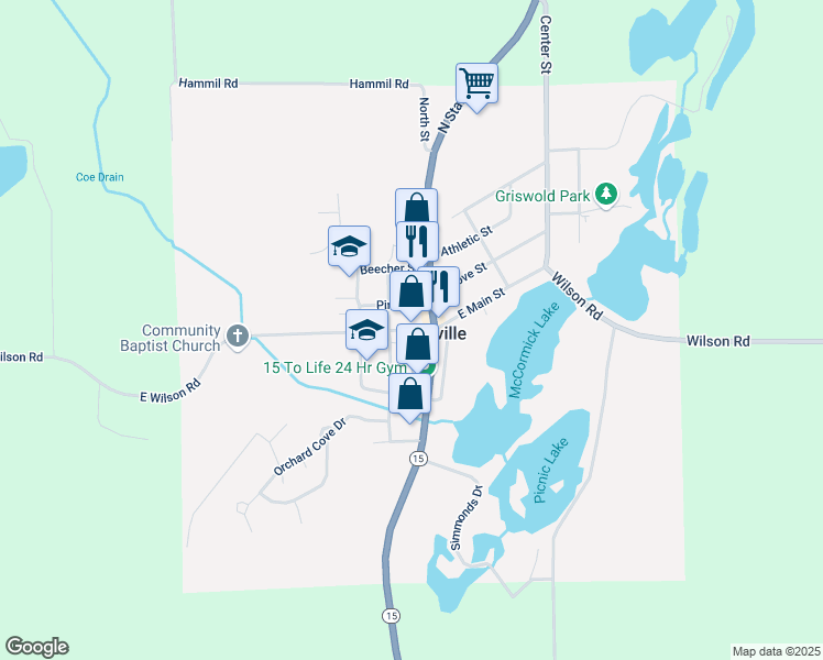 map of restaurants, bars, coffee shops, grocery stores, and more near 129 West Main Street in Davison