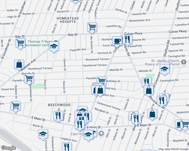 map of restaurants, bars, coffee shops, grocery stores, and more near 493 Parsells Avenue in Rochester