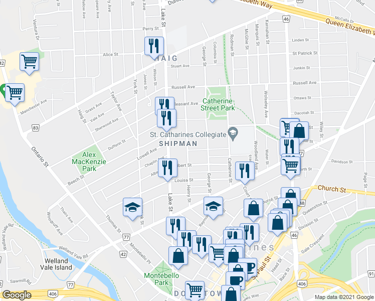 map of restaurants, bars, coffee shops, grocery stores, and more near Henry Street in St. Catharines