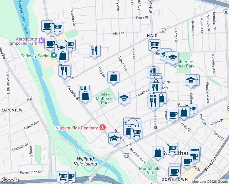 map of restaurants, bars, coffee shops, grocery stores, and more near 14 Haig Street in Saint Catharines
