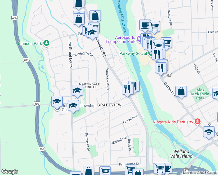 map of restaurants, bars, coffee shops, grocery stores, and more near 1061 Vansickle Road North in St. Catharines