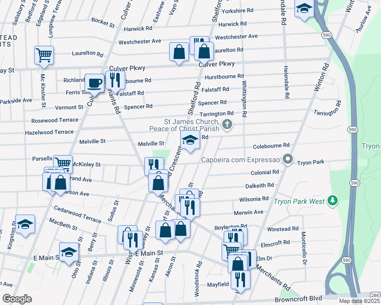 map of restaurants, bars, coffee shops, grocery stores, and more near 100 Farmington Road in Rochester