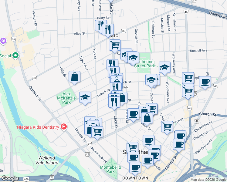 map of restaurants, bars, coffee shops, grocery stores, and more near 133 Lake Street in Saint Catharines