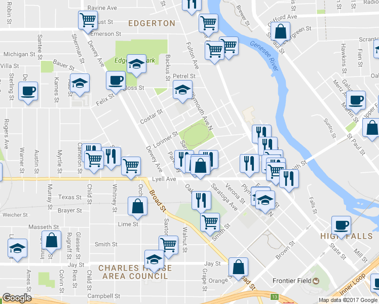 map of restaurants, bars, coffee shops, grocery stores, and more near 79 Jones Ave in Rochester